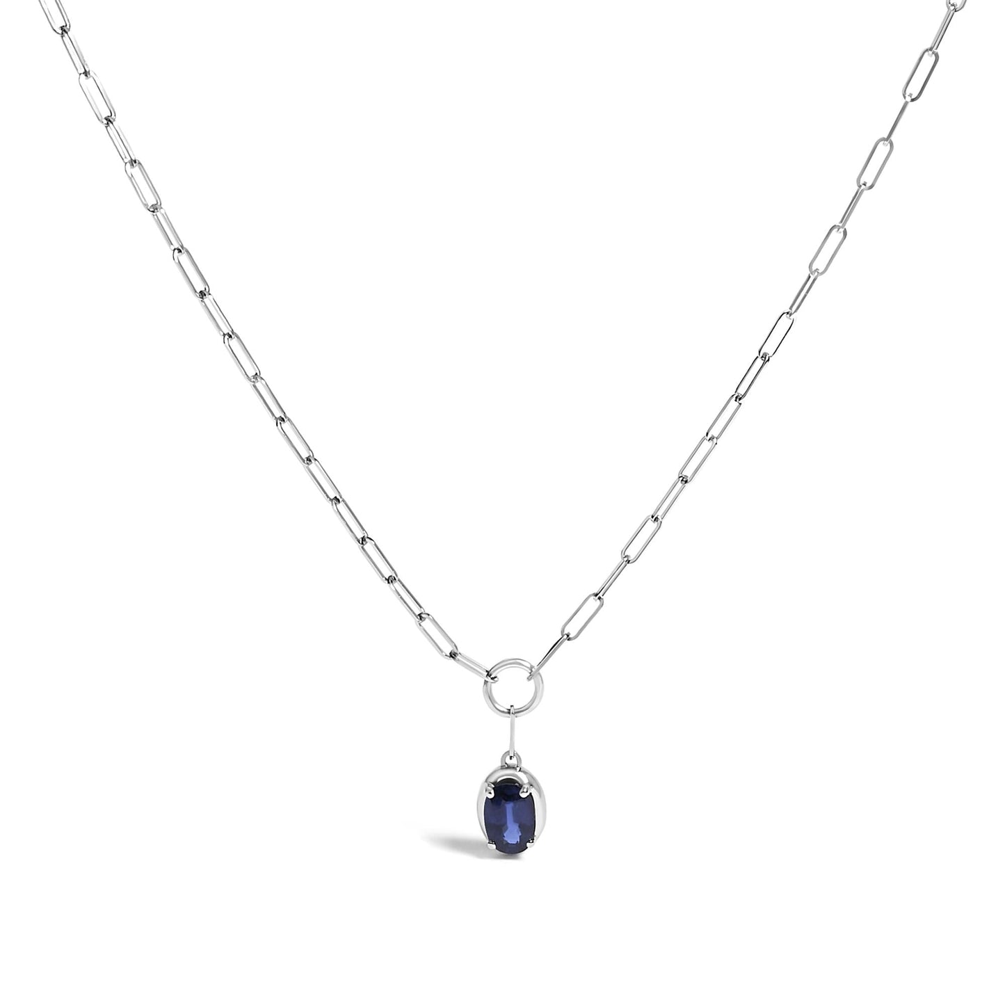 10K White Gold 6x4 mm Oval Blue Sapphire Solitaire Paperclip Pendant Necklace - 18" Inches-0