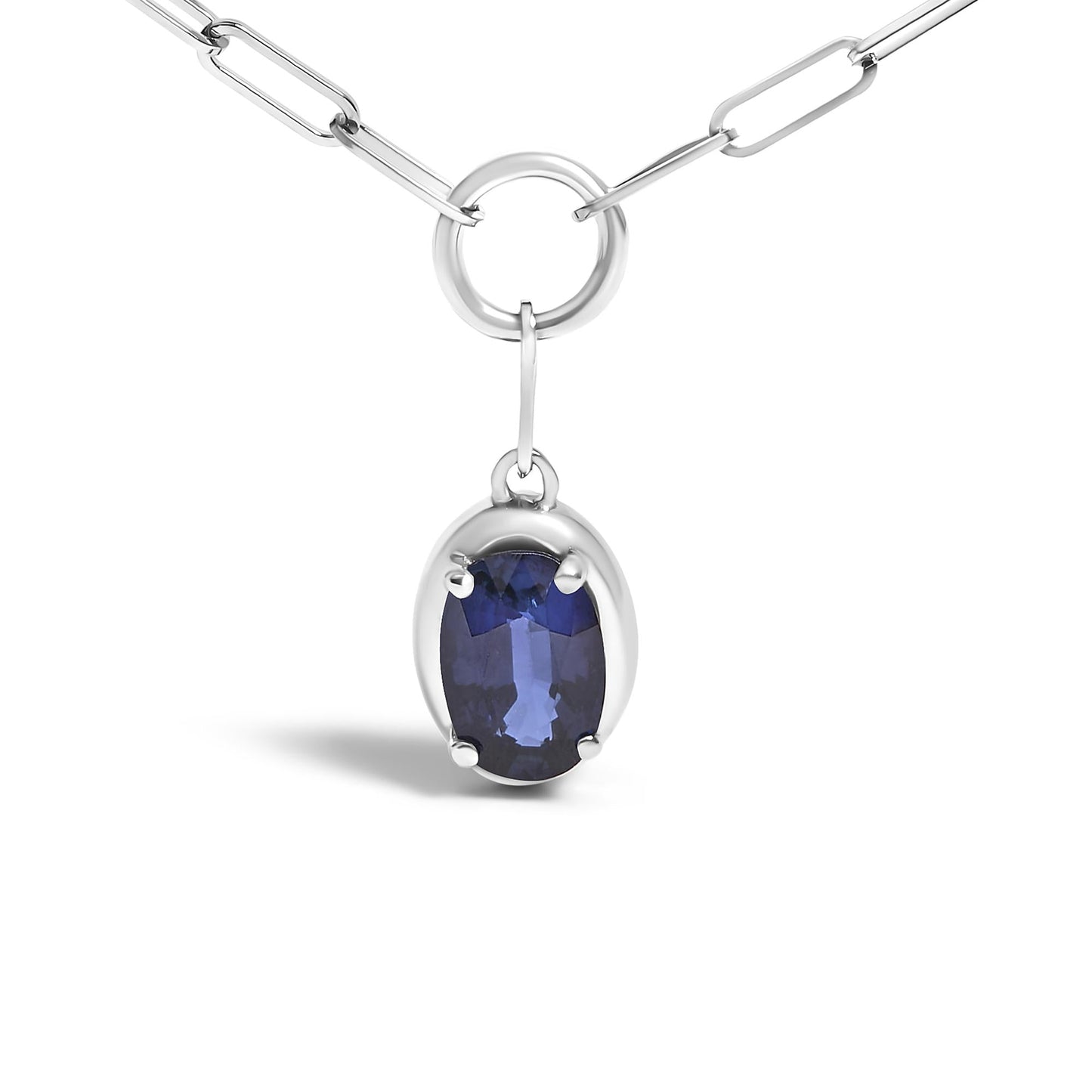 10K White Gold 6x4 mm Oval Blue Sapphire Solitaire Paperclip Pendant Necklace - 18" Inches-3