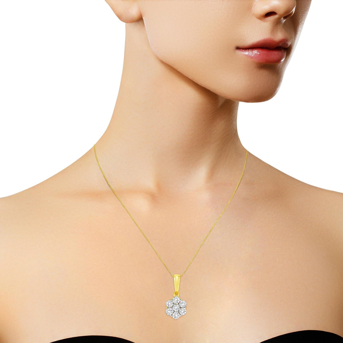 14K Yellow Gold 1/4 Cttw Prong Set Round-Cut Diamond 7 Stone Floral Cluster 18" Pendant Necklace (H-I Color, I1-I2 Clarity)-4