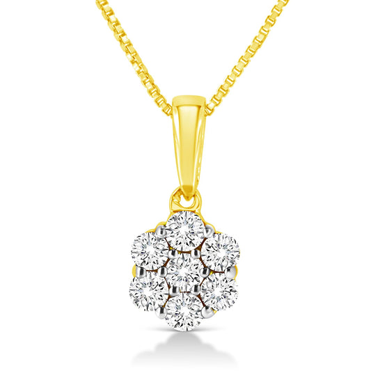 14K Yellow Gold 1/4 Cttw Prong Set Round-Cut Diamond 7 Stone Floral Cluster 18" Pendant Necklace (H-I Color, I1-I2 Clarity)-0