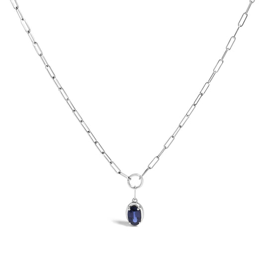 10K White Gold 6x4 mm Oval Blue Sapphire Solitaire Paperclip Pendant Necklace - 18" Inches-0