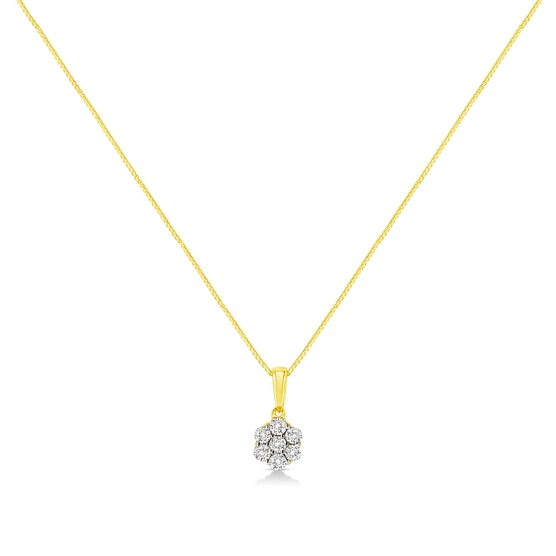 14K Yellow Gold 1/4 Cttw Prong Set Round-Cut Diamond 7 Stone Floral Cluster 18" Pendant Necklace (H-I Color, I1-I2 Clarity)-1