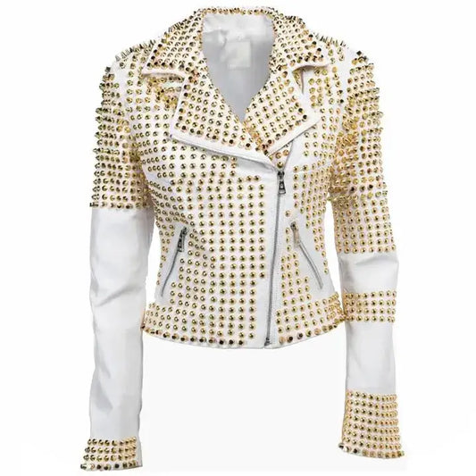 Women’s White Leather Golden Studded Jacket